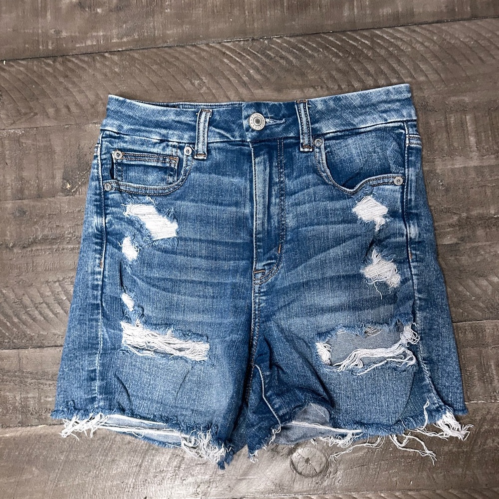 American Eagle Distressed Blue Denim Shorts Curvy Hi-Rise Shorts